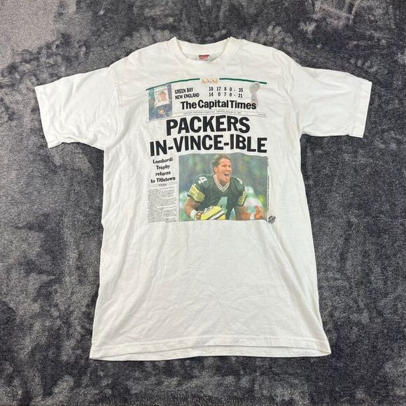 Vtg 1997 Fruit Of The Loom Green Bay Packers In-Vince-Ible T-Shirt Newspaper L - Picture 1 of 13